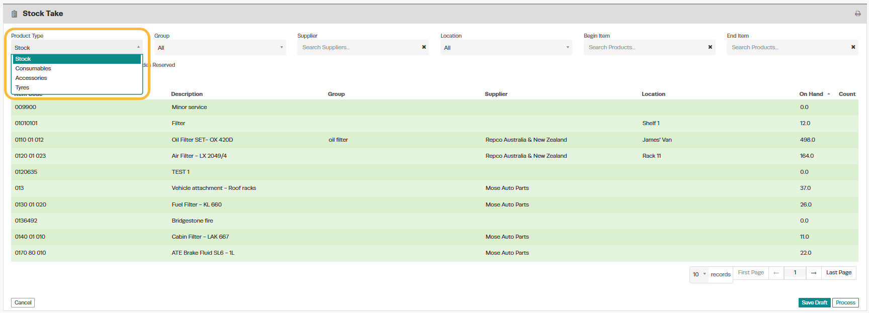 Workshop Software screen showing if you only want to stock take a particular product type then you are able to...