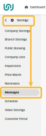Workshop Software create your loan vehicle terms and conditions showing ' settings ' then click on ' messages '