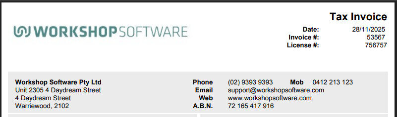 Workshop Software screen showing your company letterhead will now show in the top left of customer invoices