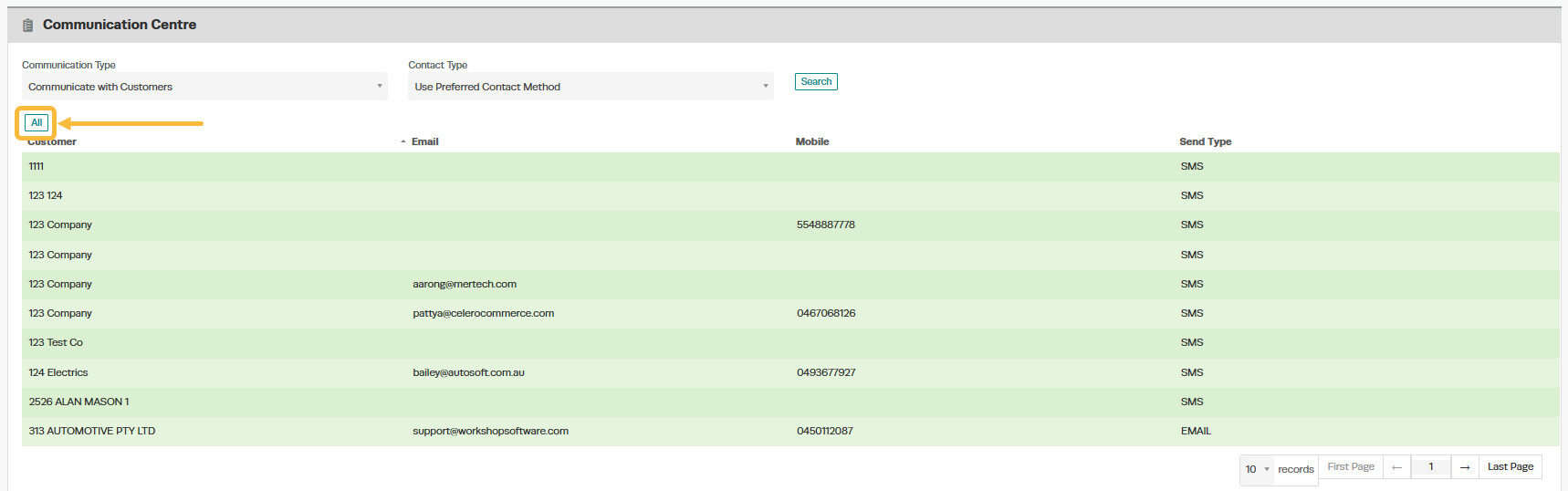 Workshop Software screen showing either click on the individual customers you would like to contact, or click ...