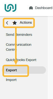 Workshop Software export data showing 'actions' from the menu on the left side of the page, followed by 'export'