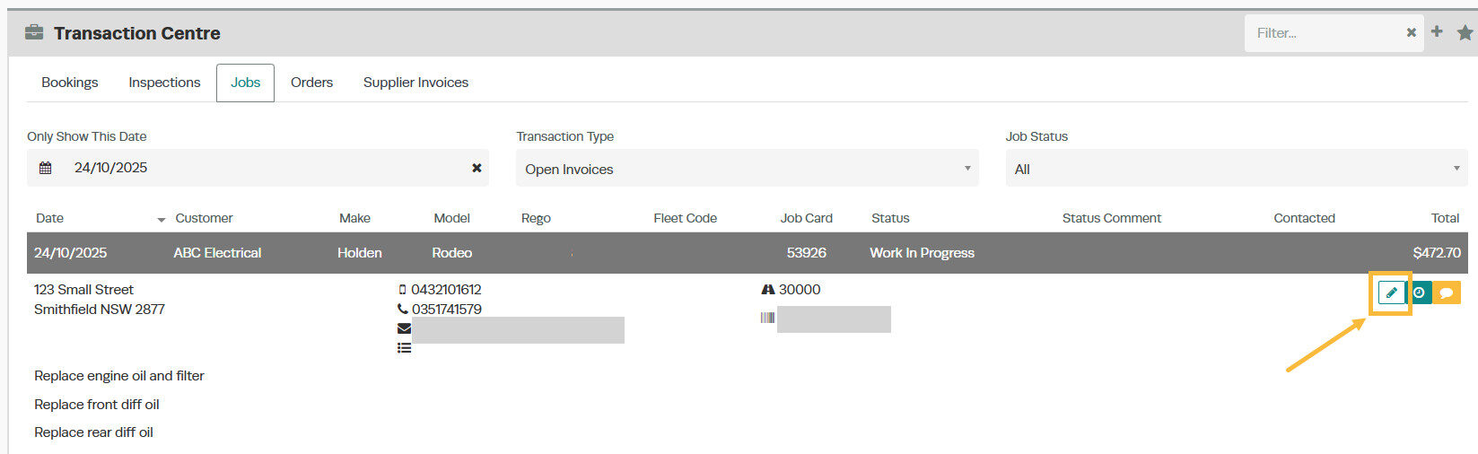 Customer job list showing pencil edit icon to open an existing invoice