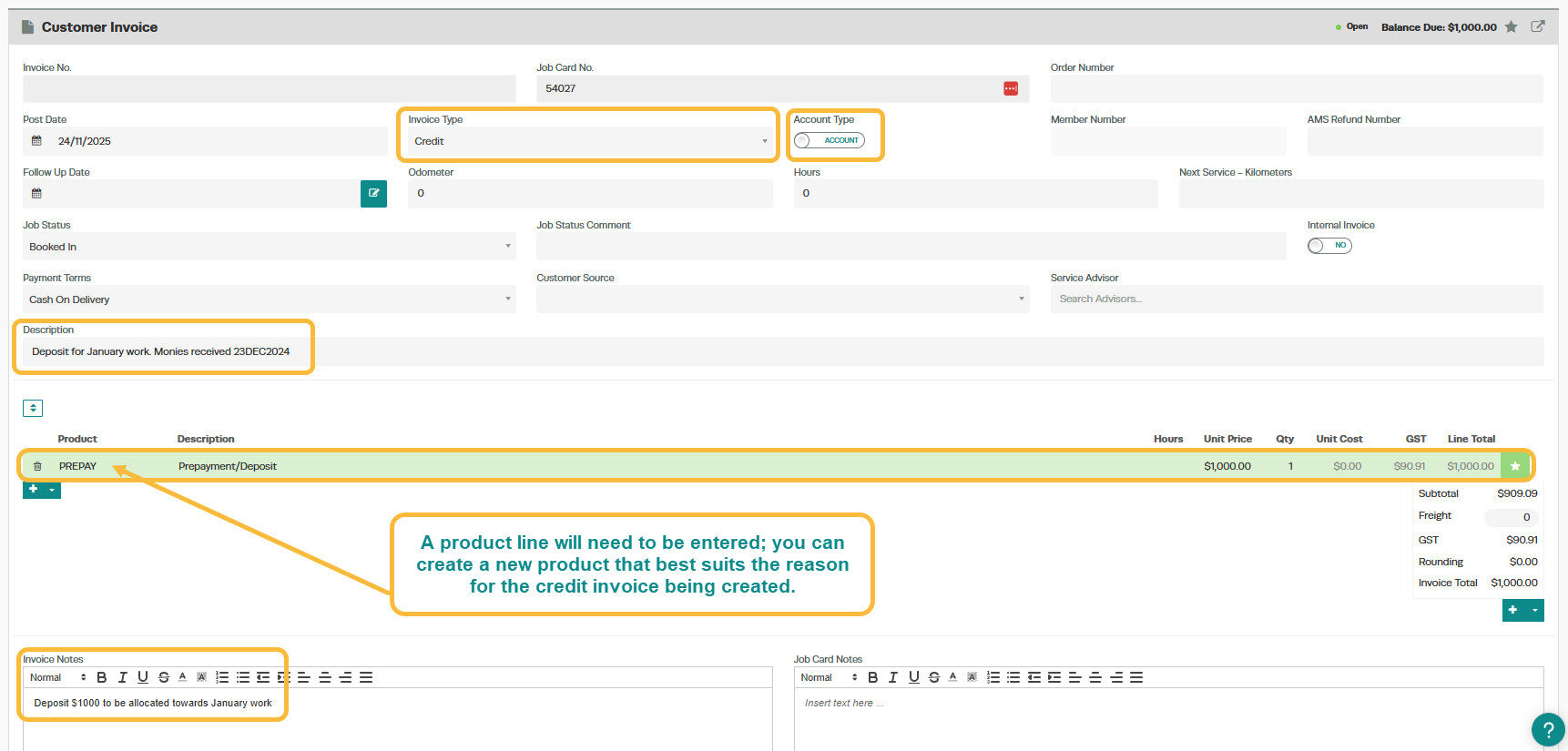 Workshop Software how to record a customer credit showing product number/ if for overpayment create a product called overp...