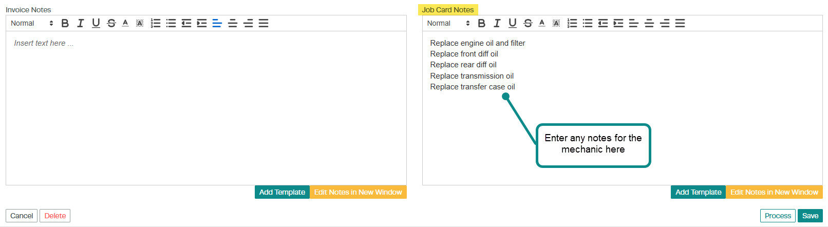 Job Card Notes text field at the bottom right of the invoice page