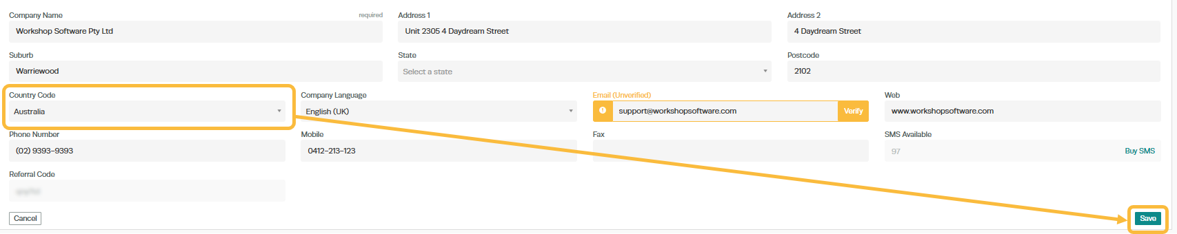 Workshop Software change your country code in workshop software showing 'save'