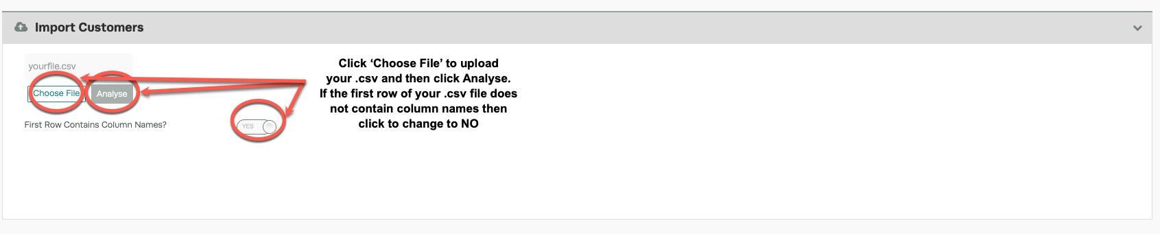 Workshop Software screen showing if the first row of your file does not contain column names, then change yes ...