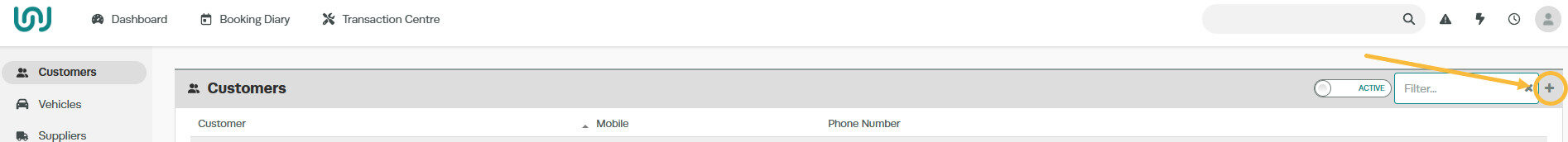 Workshop Software create a customer and add a vehicle to their profile showing '+' icon at the far right corner of the blu...
