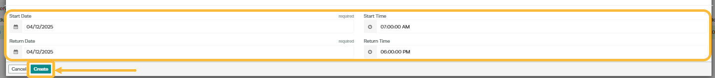 Workshop Software create a loan car booking showing ' start date/time ' and ' return date/time ' and click ' create '