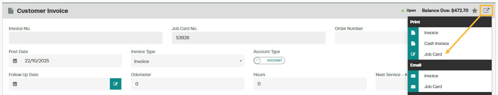 Pop-out icon dropdown menu with Print Job Card option highlighted