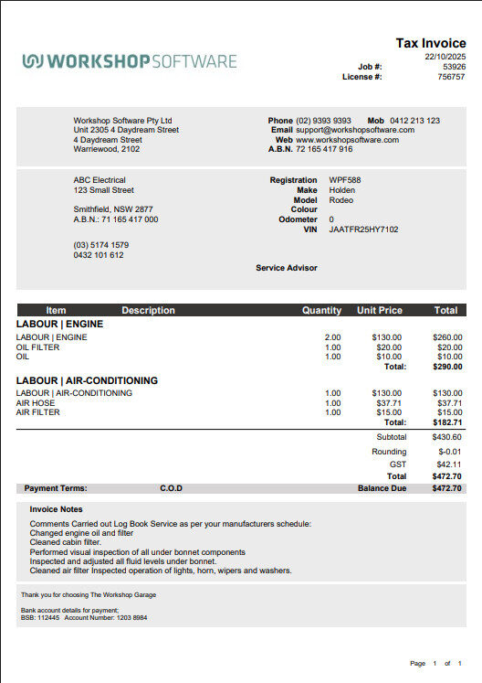 Workshop Software screen showing this invoice format will always insert the labour product as the top heading,...