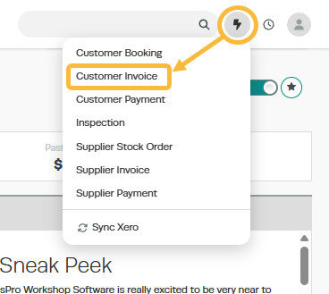 Workshop Software screen showing start the customer invoice click on the ' lightning bolt ' icon in the top ri...