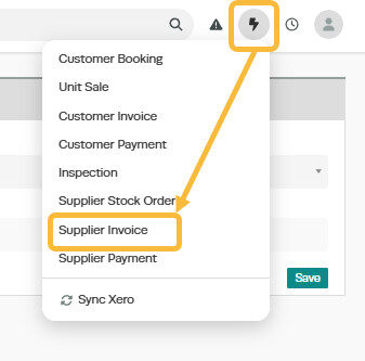 Workshop Software how to acquire units showing ' + ' icon at the top right of the page and select ' supplier invoice ' fro...