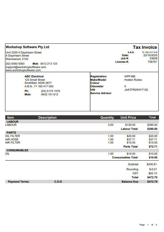 Workshop Software screen showing this invoice template will allow for pre-printed paper as well as keeping the...