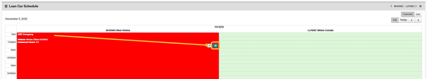 Workshop Software starting a loan car booking showing ' clock ' icon to start the booking
