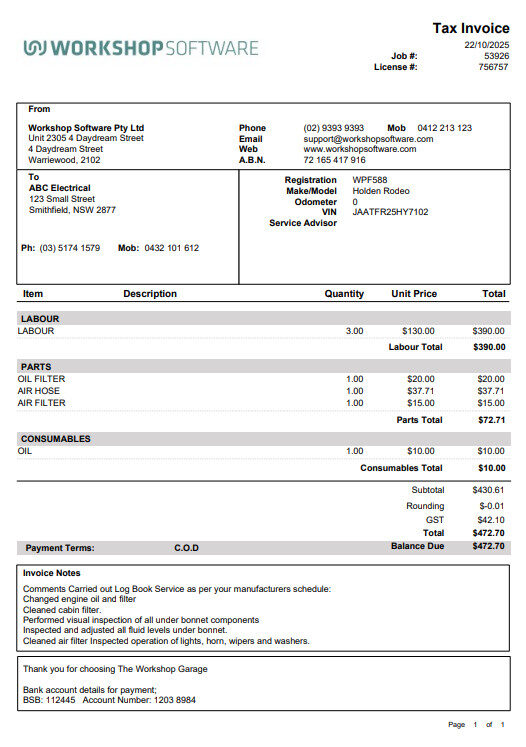 Workshop Software what are the invoice formats showing original
