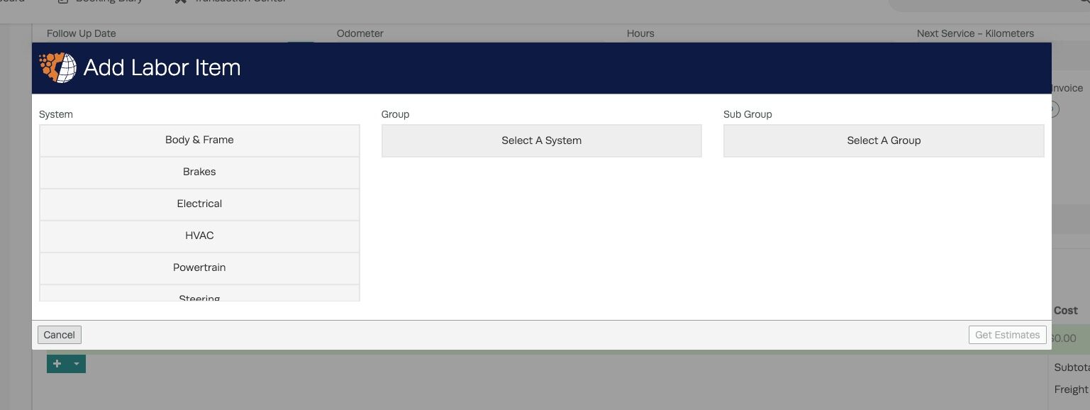 Workshop Software partstech labor guides integration showing 'add partstech labor'