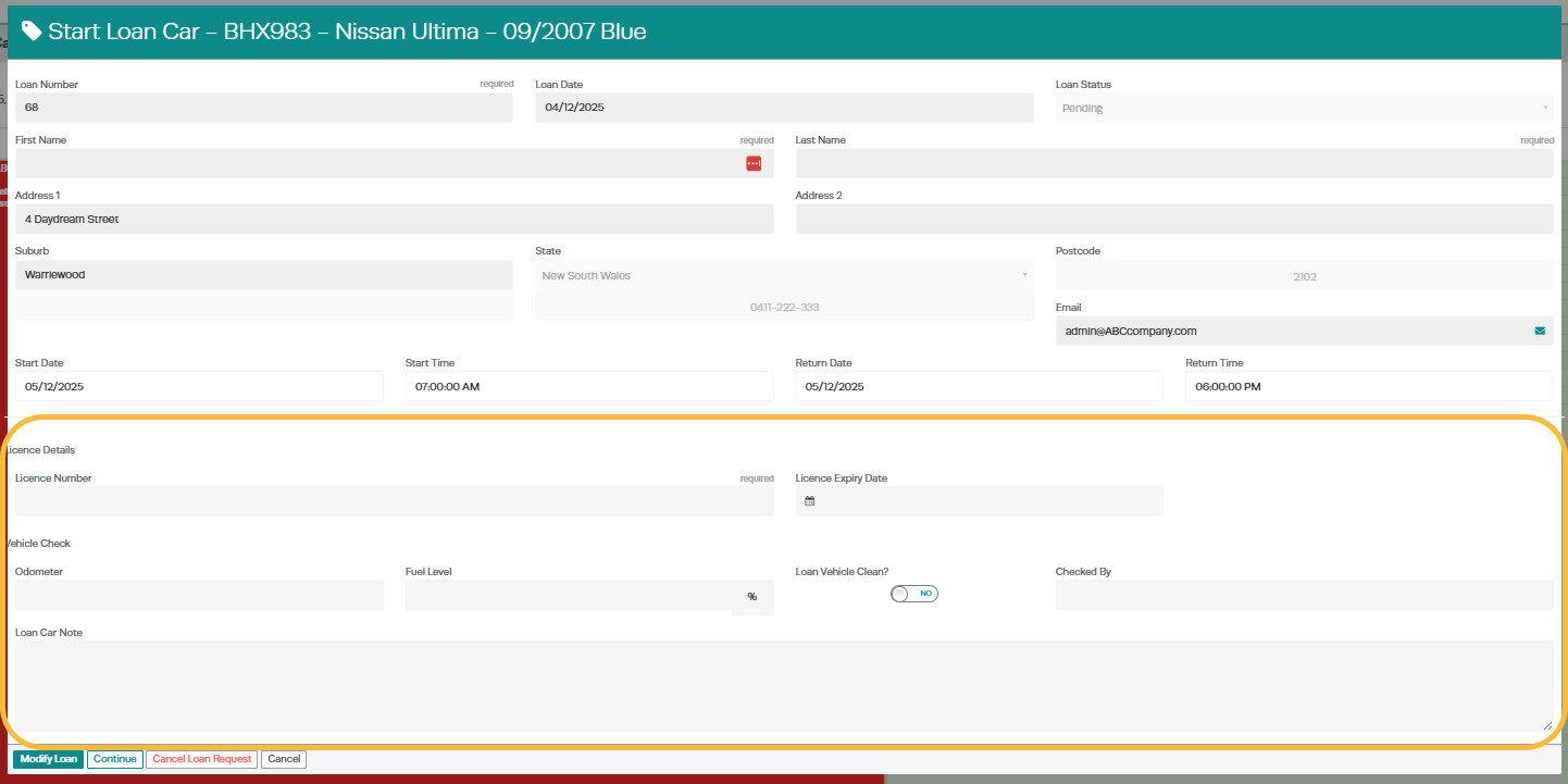 Workshop Software screen showing their licence number licence expiry date odometer fuel level if the loan vehi...