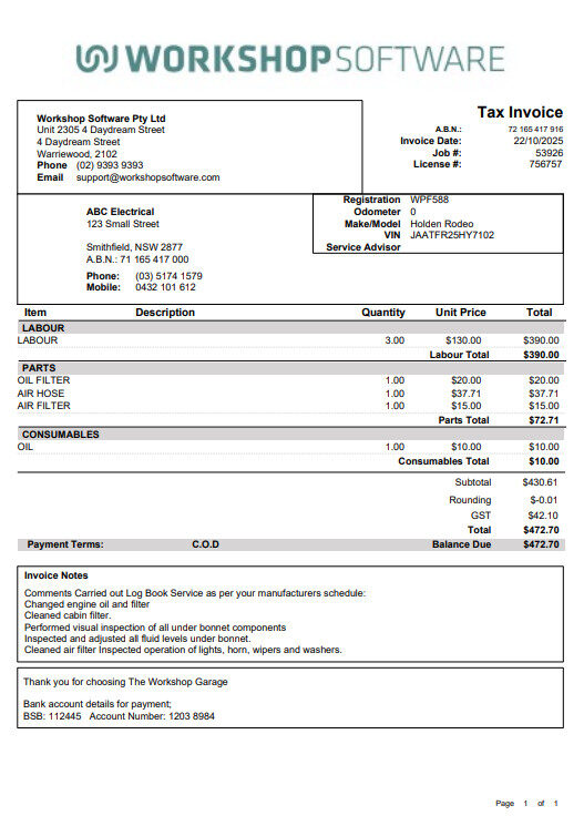 Workshop Software screen showing this template stretches the workshops logo across the top of the invoice