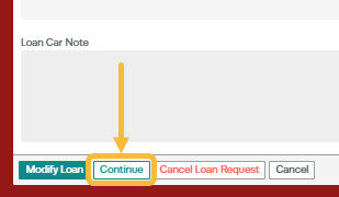 Workshop Software starting a loan car booking showing ' continue '