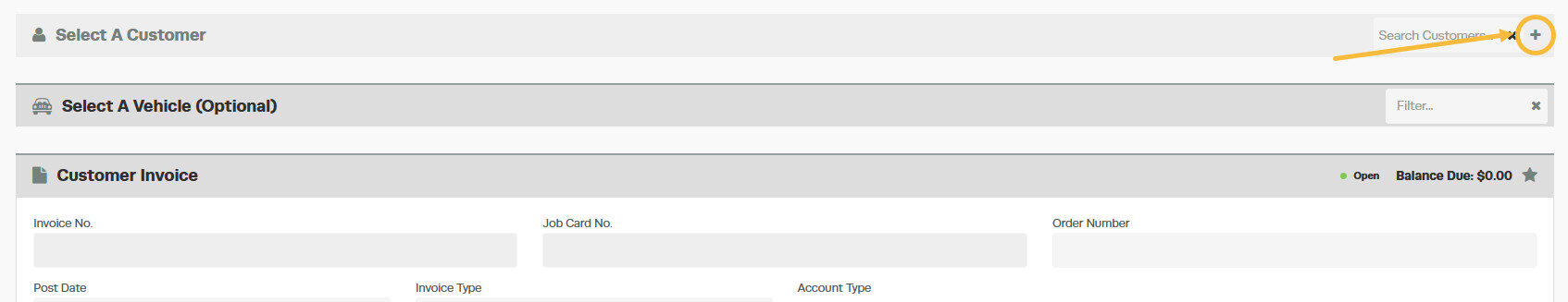Workshop Software platinum multi-branch - add a customer from another branch showing '+' to add a new customer