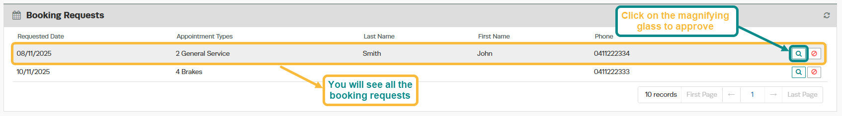 Workshop Software screen showing you will see all the booking requests, from here you can view, approve or del...