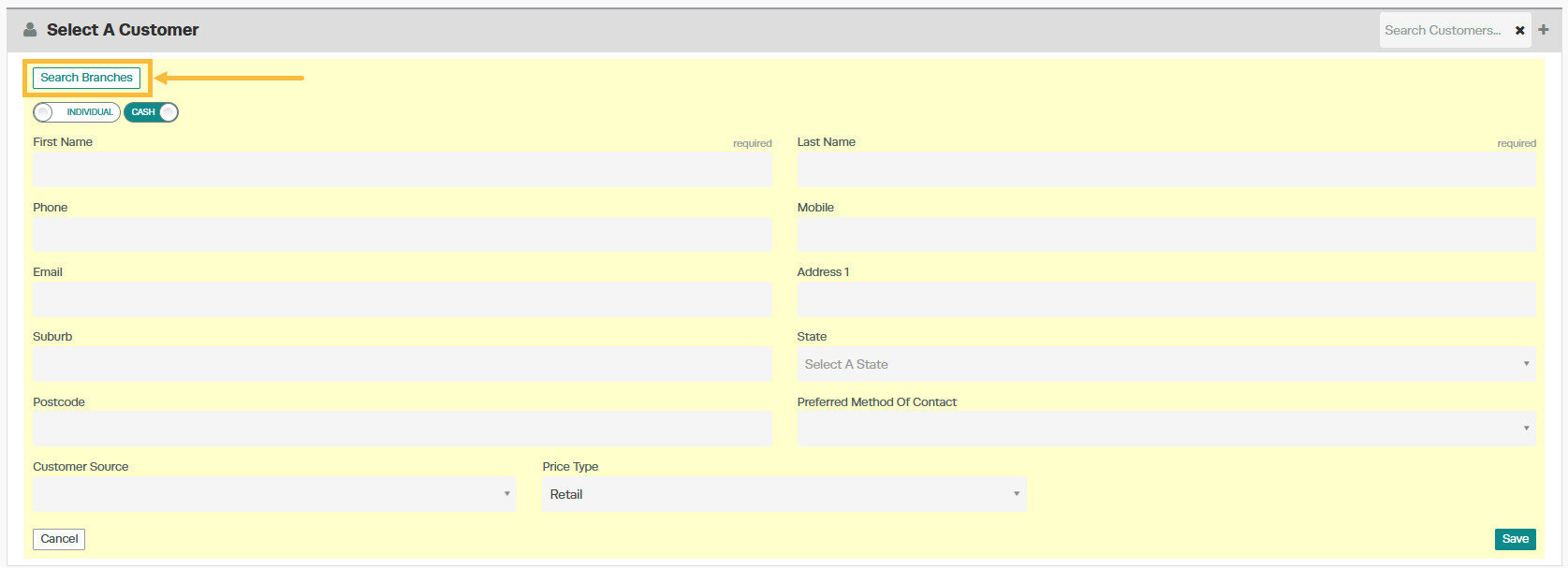 Workshop Software platinum multi-branch - add a customer from another branch showing ' search branches '