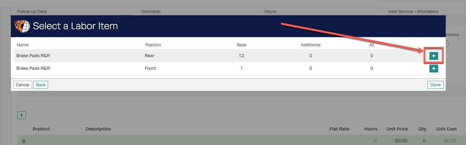 Workshop Software partstech labor guides integration showing 'plus' button on the right