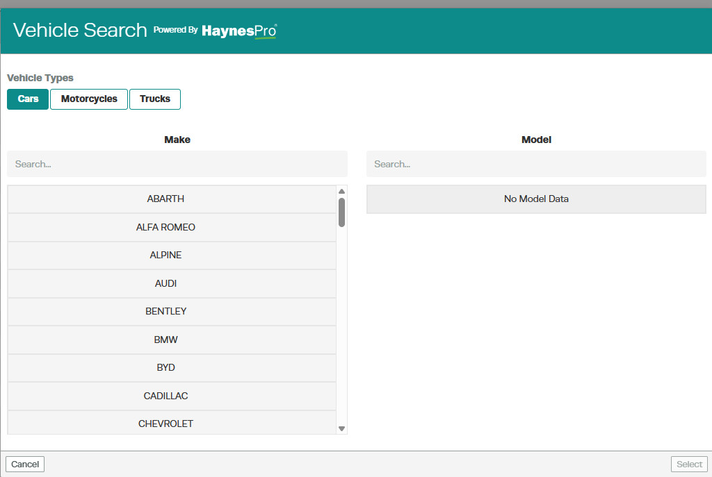 Vehicle type selection in Workshop Software