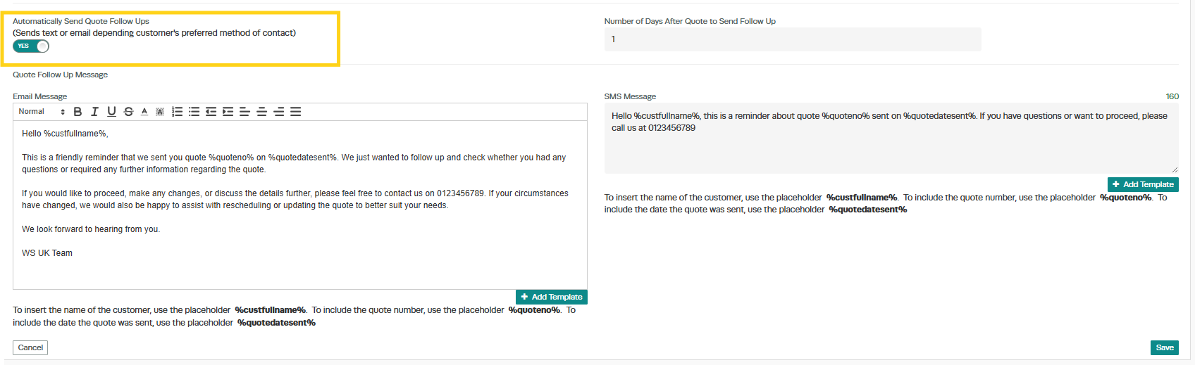 Workshop Software quote management showing toggle “automatically send quote follow ups” to yes (email or sms will be use...