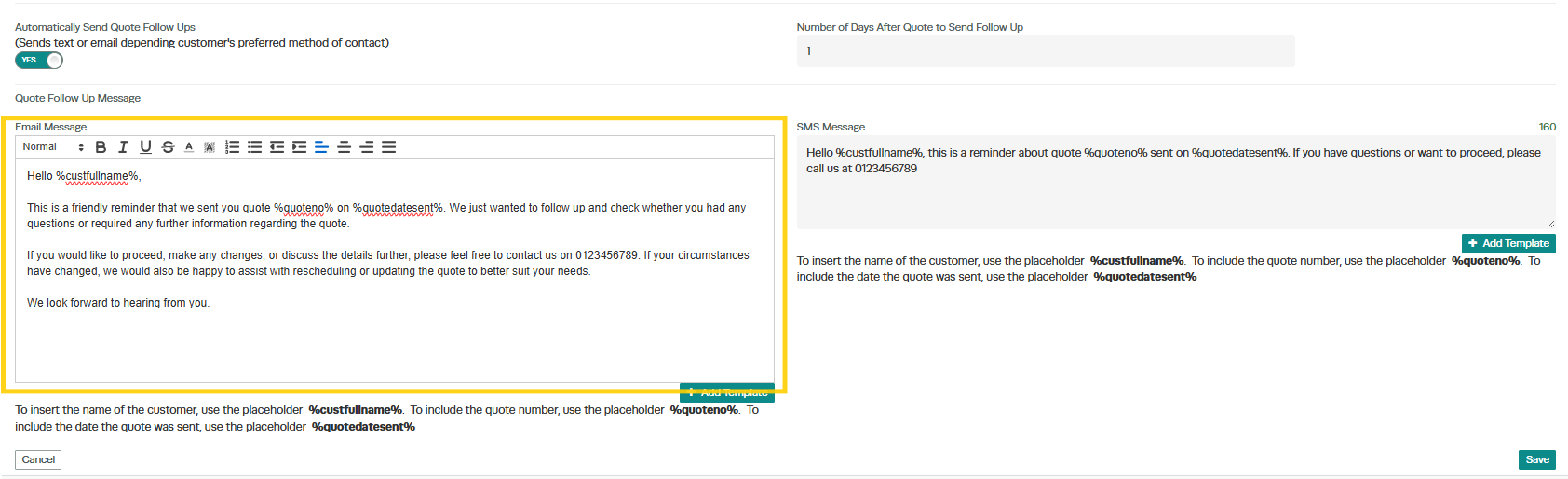 Workshop Software quote management showing email message you would like your customer to receive