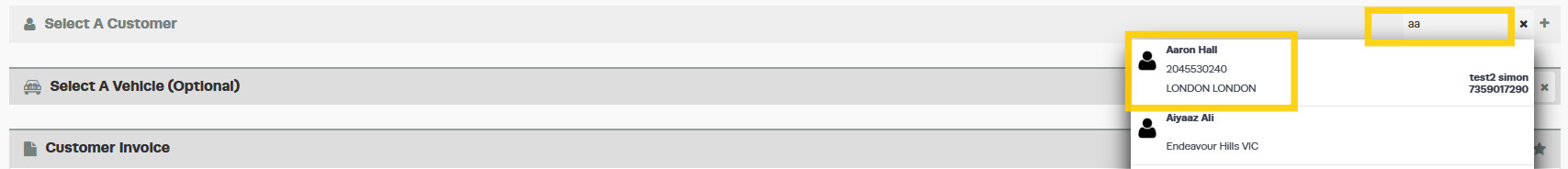 Workshop Software quote management showing customer’s name into the ‘select customer’ field and then select the correct ...