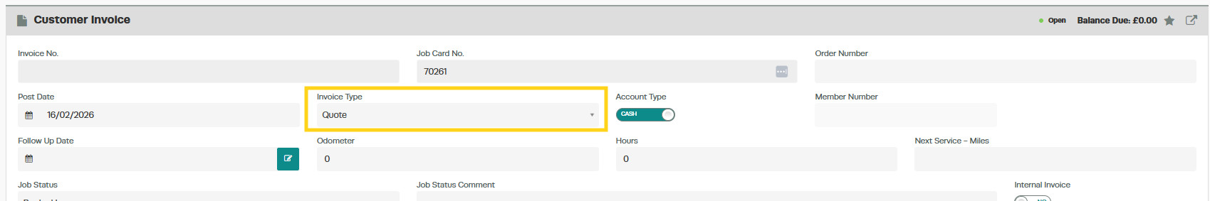 Workshop Software quote management showing invoice type to quote