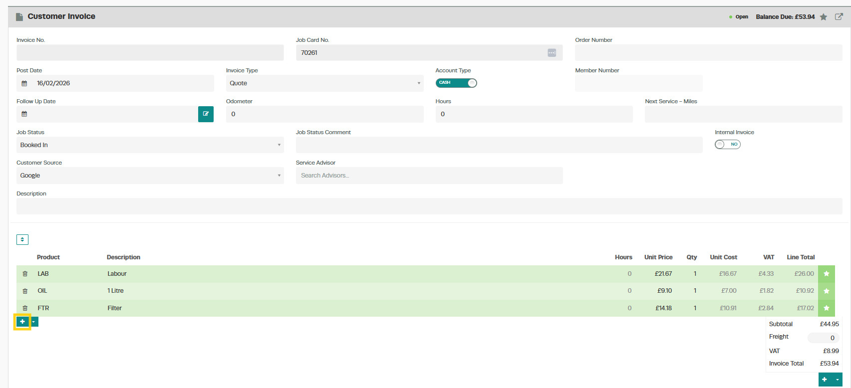 Workshop Software quote management showing your labour lines and products