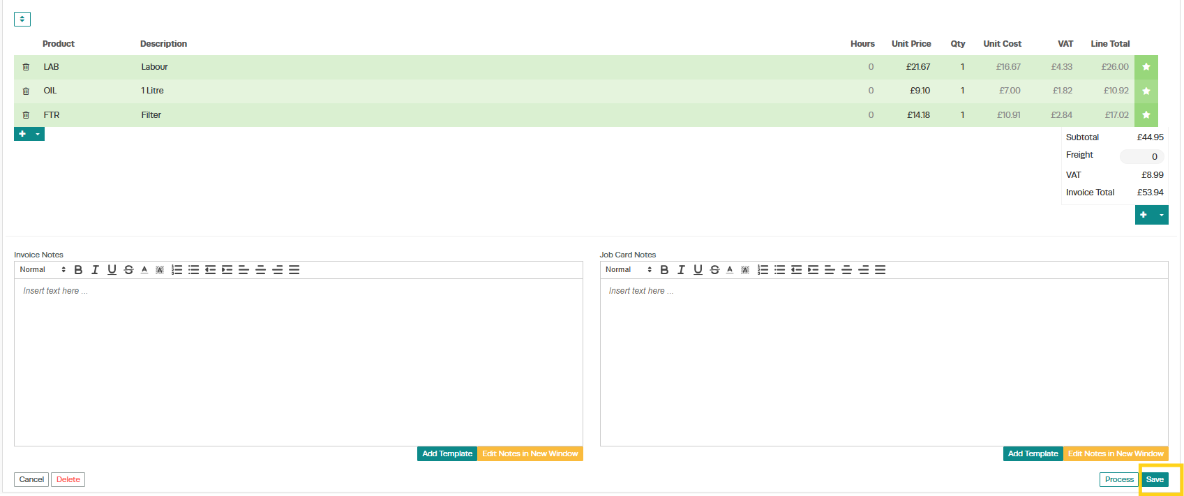 Workshop Software quote management showing save once the quote is complete