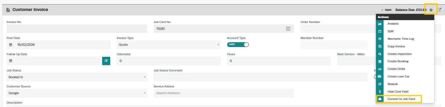 Workshop Software screen showing convert to job card click the action star and select convert to job card