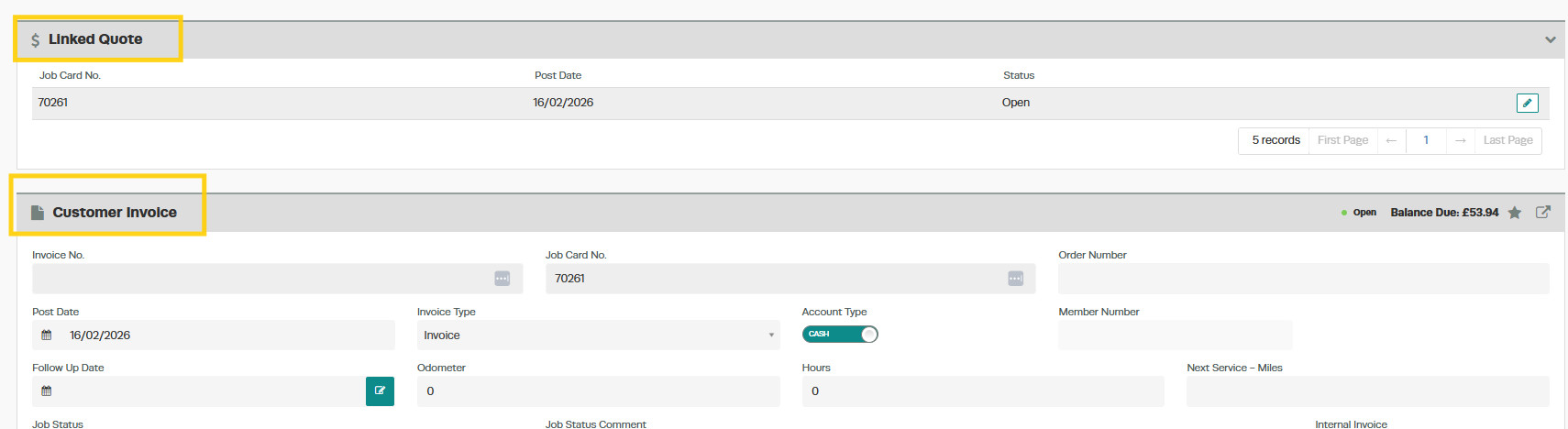 Workshop Software screen showing the quote will be associated with the customer invoice