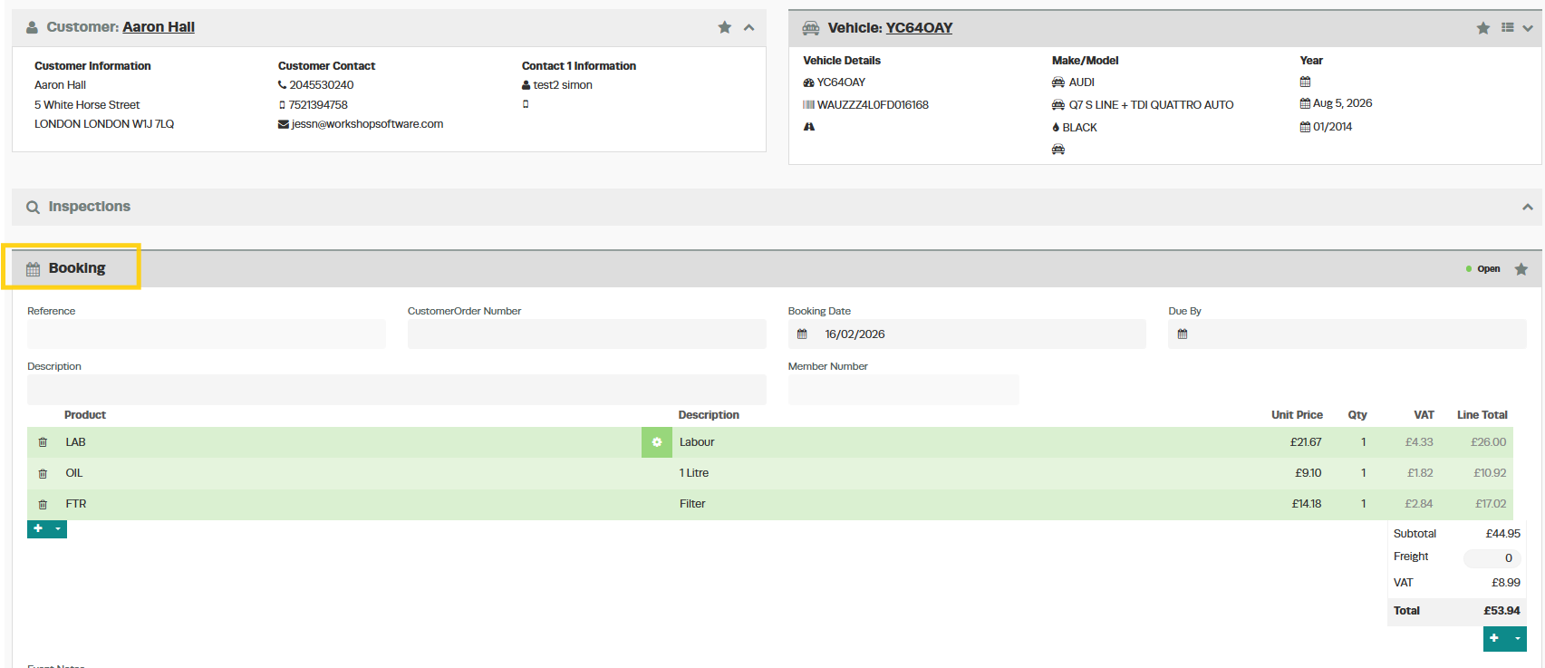 Workshop Software screen showing this allows you to create a booking from the quote