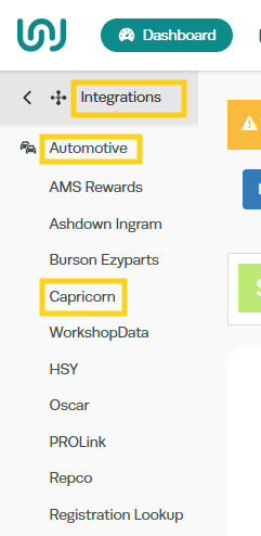Workshop Software screen showing activate your integration by going into integrations - automotive integration...