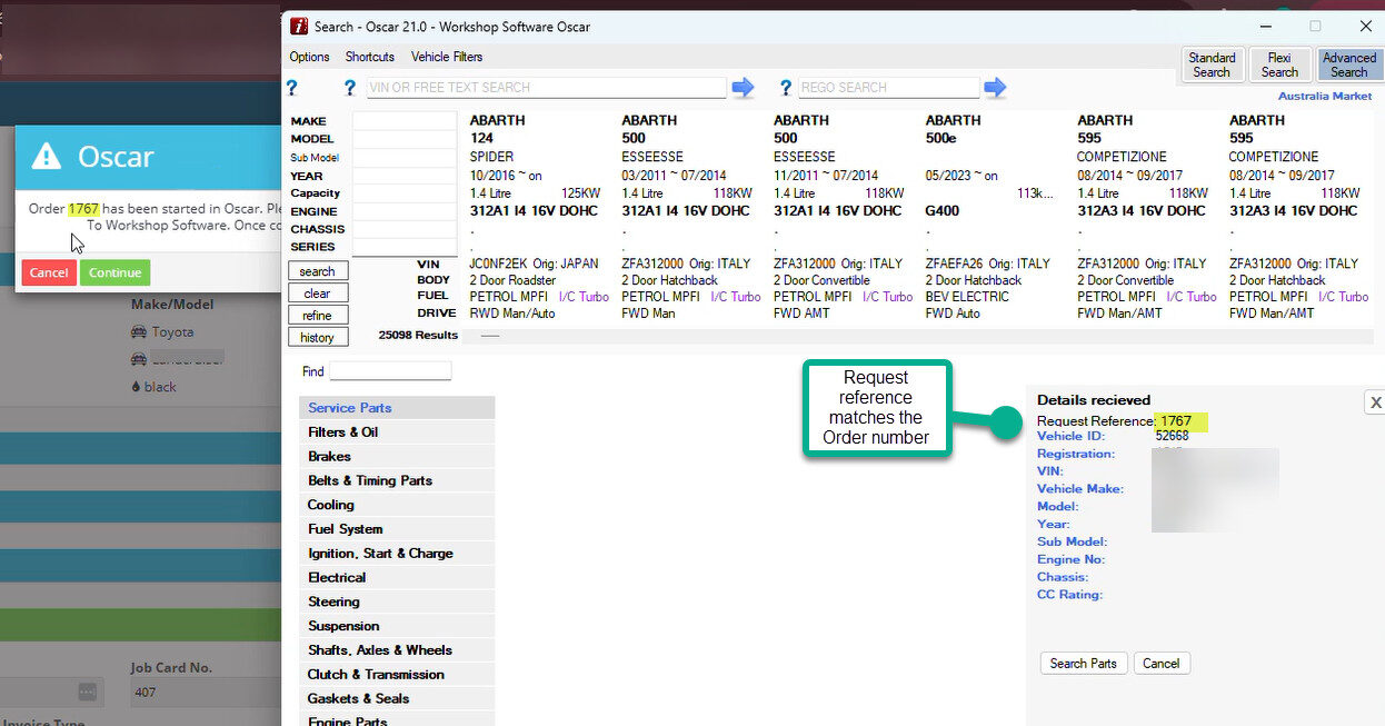 Workshop Software screen showing the order and vehicle details (registration, vin, make, model, year) will appear