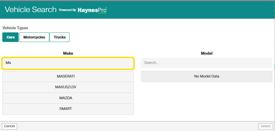 Workshop Software screen showing as you type, the list below will update to match the text you are typing in