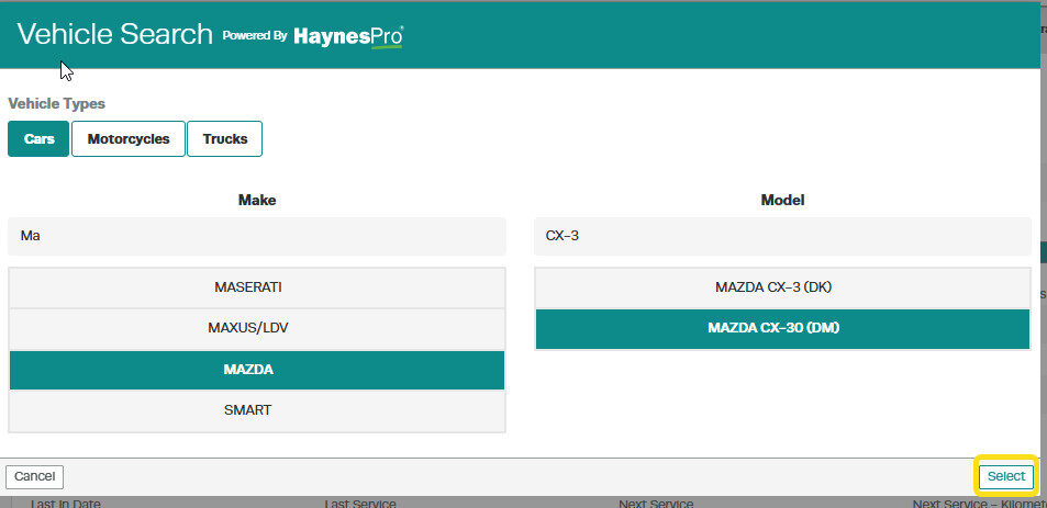 Workshop Software screen showing the select button will only be clickable once you have chosen a make and mode...