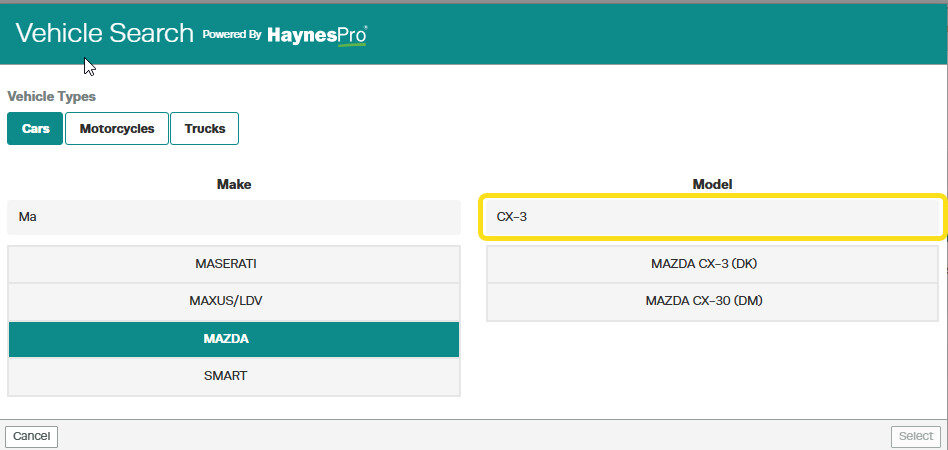Workshop Software screen showing as you type, the list below will update to match the text you are typing in