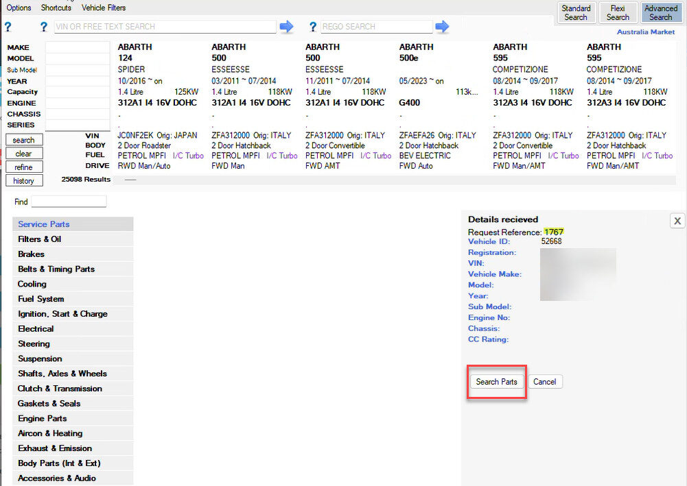Workshop Software oscar integration with workshop software showing search parts