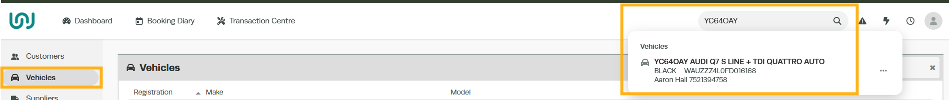 Workshop Software screen showing archive a vehicle go to the vehicle tab or use the universal search to find t...