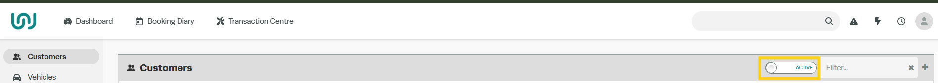 Workshop Software screen showing unarchive a customer go to the customer tab and change the active toggle to i...