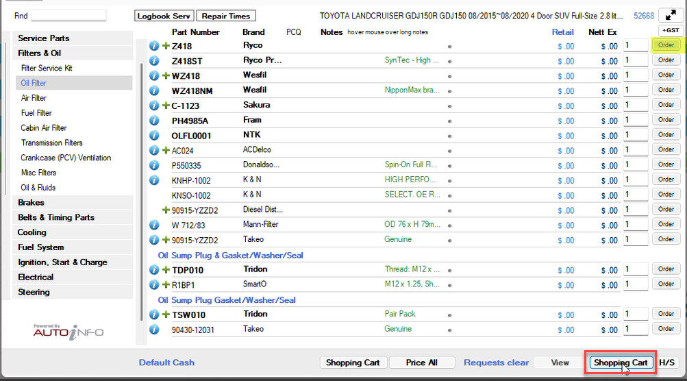 Workshop Software screen showing once all items are added, click the shopping cart (bottom-right)