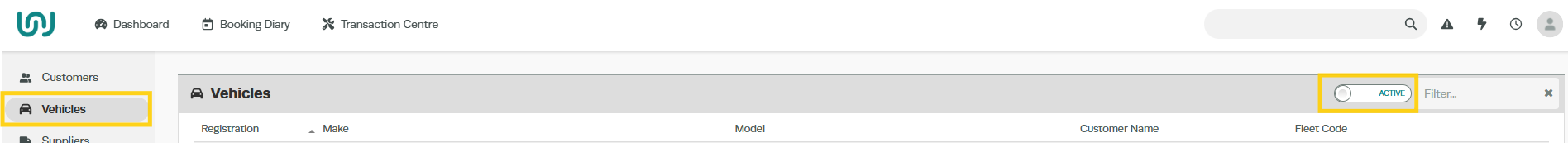 Workshop Software screen showing unarchive a vehicle go to the vehicle tab and change the active toggle to ina...