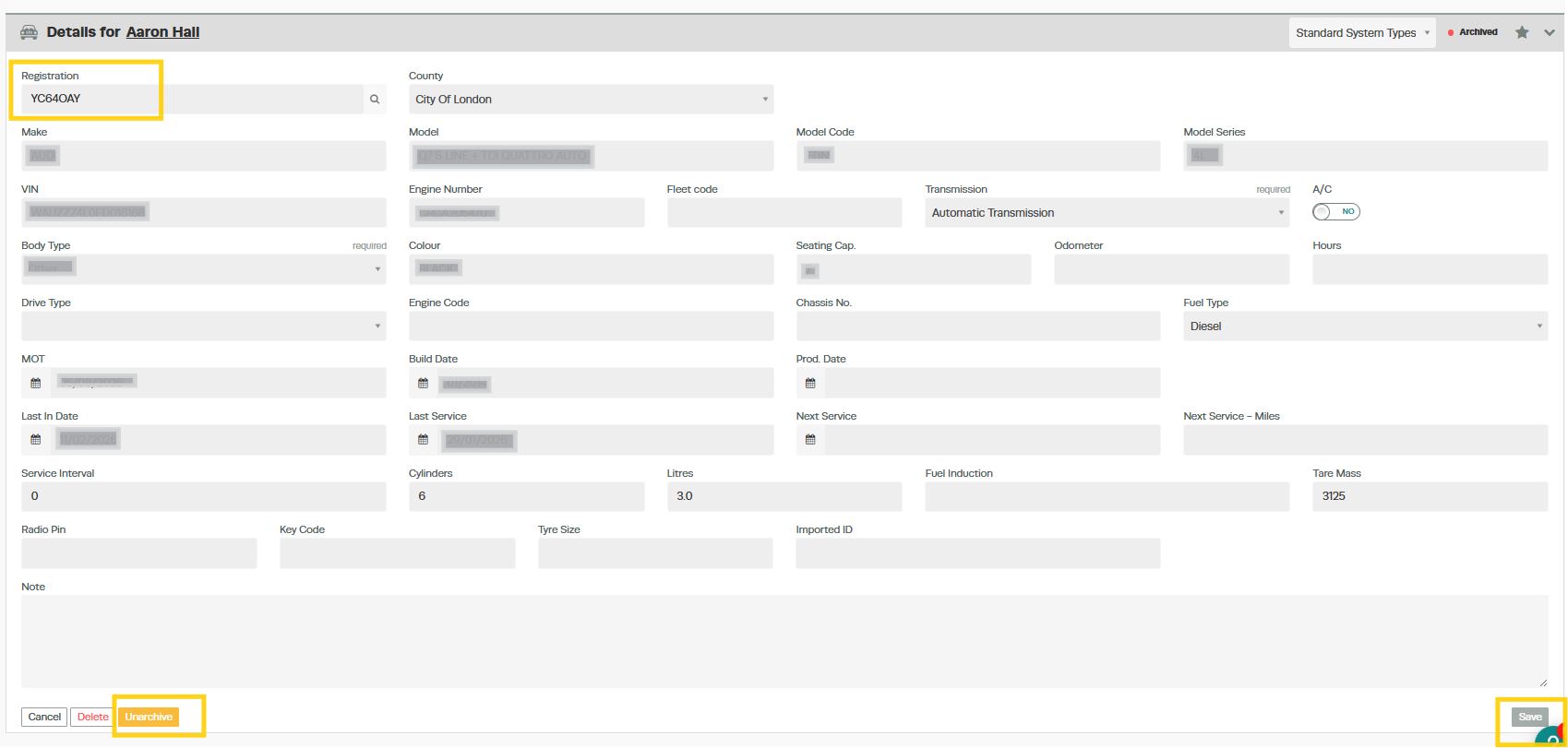 Workshop Software archive and unarchive customer and vehicles in workshop software showing to the bottom and click the yel...