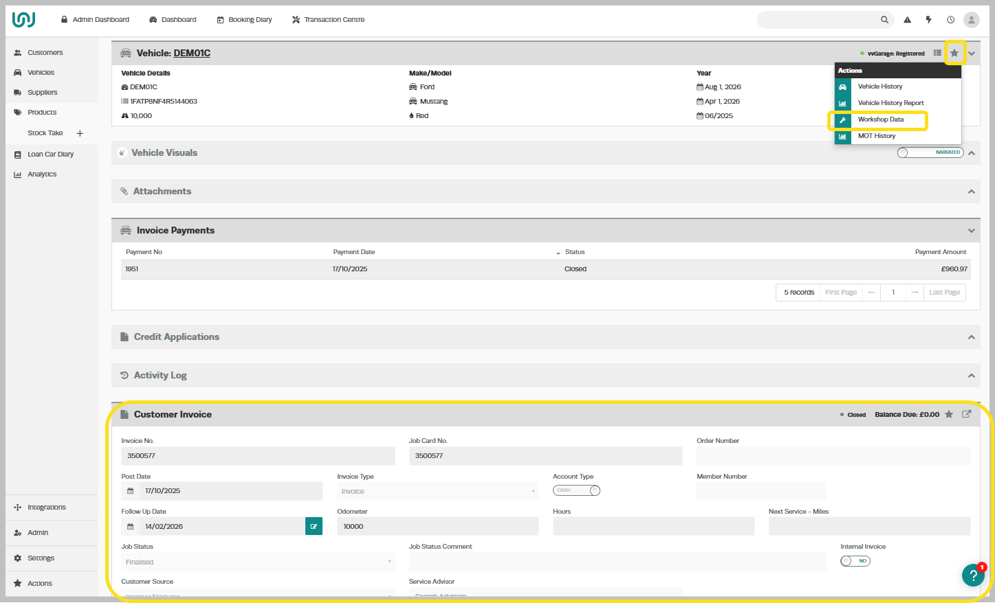 Workshop Software workshopdata for  vehicle, truck or motorcycles showing workshopdata