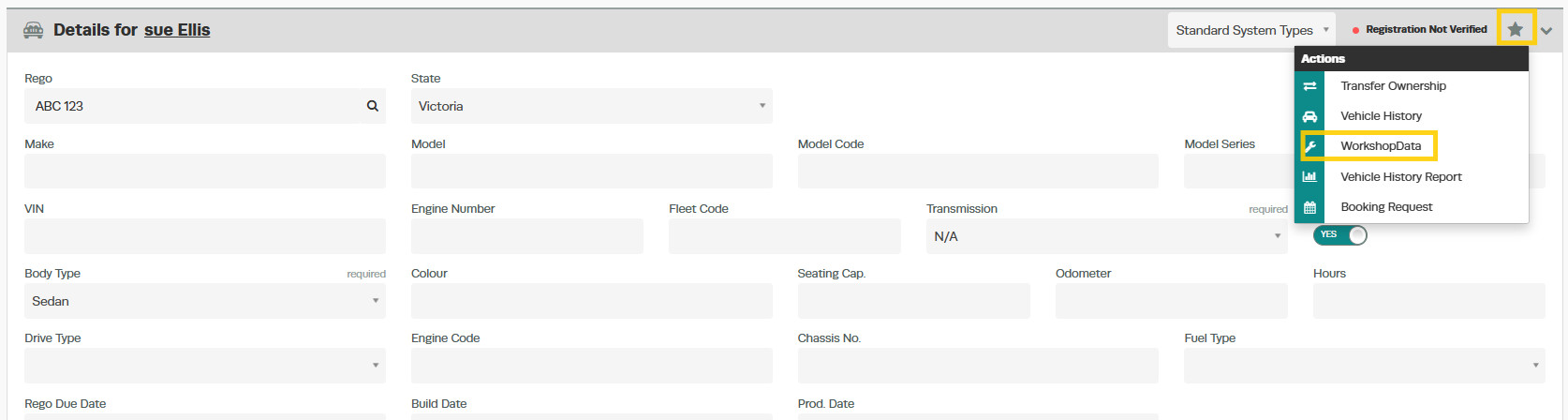 Vehicle make and model lookup in Workshop Software